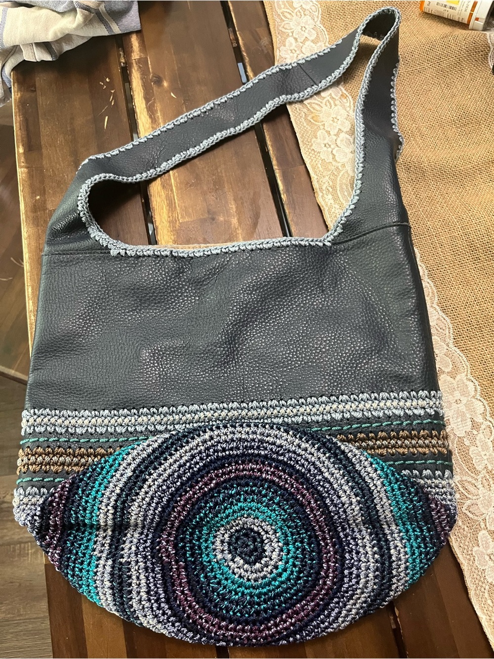The Sak Black Shoulder Bag with Teal, Purple, Gray & Brown Crochet Stripes - Picture 2 of 3